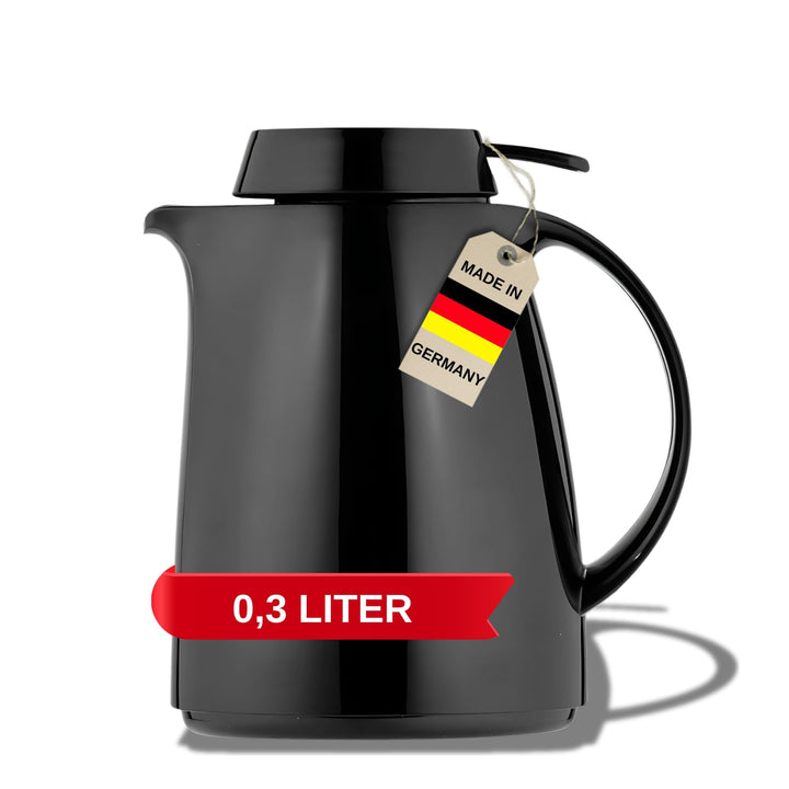 Helios Servitherm Thermoskanne Schwarz 0,3L – 6h Heiss - Hält Getränke heiss & kalt - – Einhandbedie