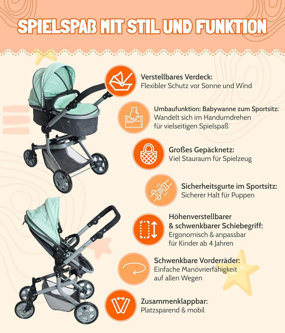 Bayer Chic 2000 - Puppenwagen Mika, 2in1 Kombipuppenwagen für Kinder von 4 bis 8 Jahren, Kinderwagen