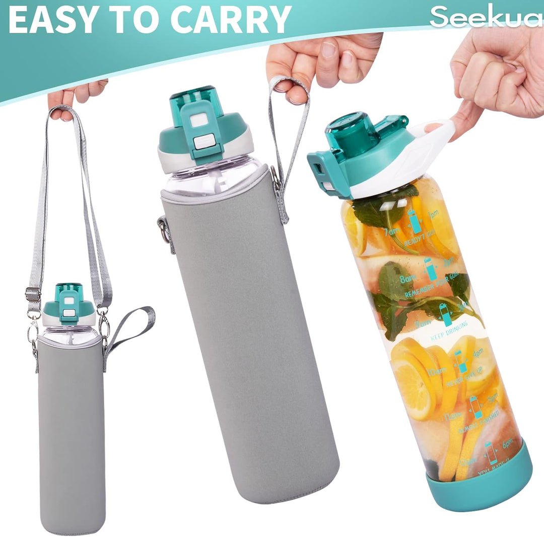 Seekua 1l Sport Trinkflasche Glas Flasche mit Strohhalm & Zeitmarkierung auslaufsicher bpa frei 1 li