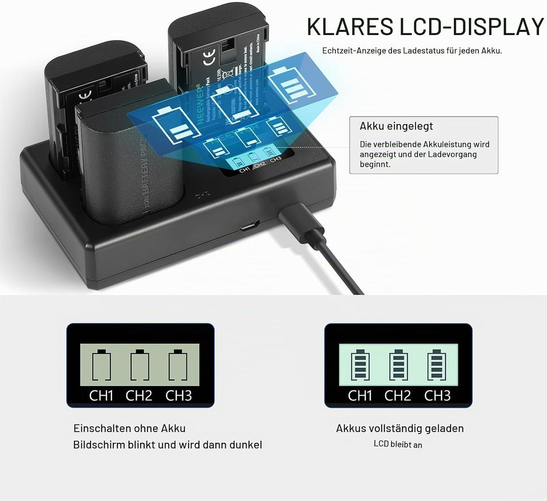 NEEWER LP-E6NH Ersatz Akku und USB Ladegerät Set, 3er Pack 2250mAh Ersatz für LP-E6NH Akku &amp; Triple