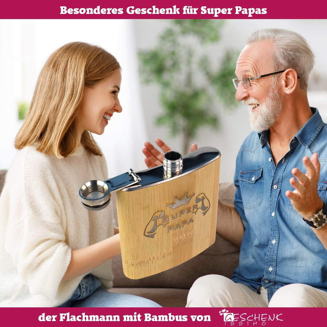 Flachmann mit Spruch Super Papa - Geschenk zum Vatertag, Geburtstag, Weihnachten, Schnapsgeschenk fü