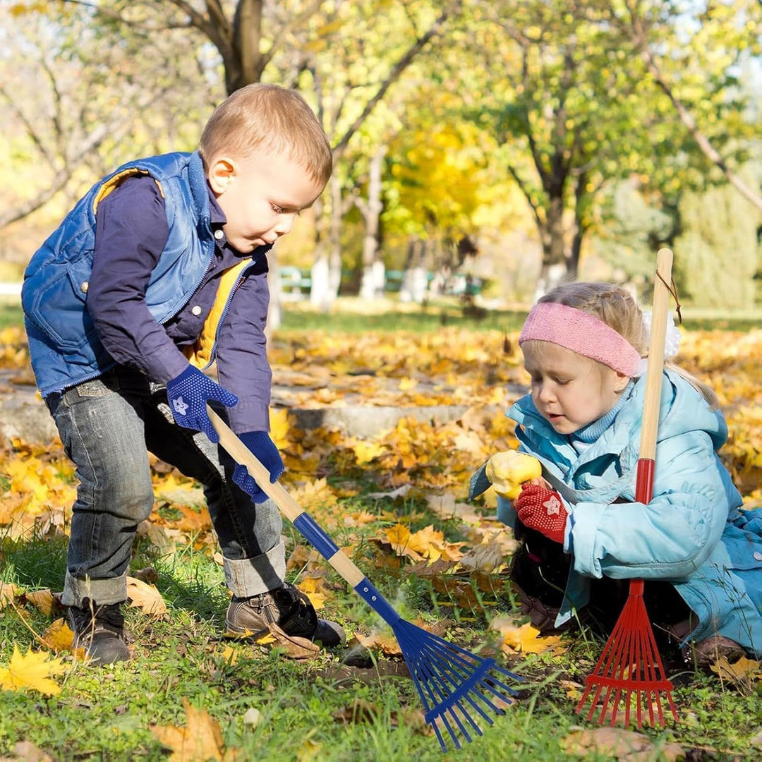 Kinder-Laubrechen 27 cm Abnehmbarer Holzstiel mit Handschuhen | Laubrechen für Gartenarbeit Camping