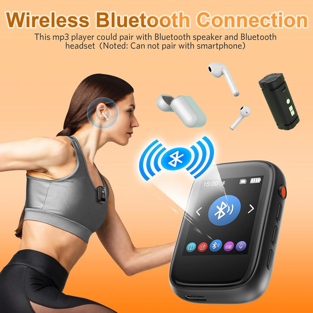 MP3 Player Bluetooth 5.3 mit Clip,Tragbarer Music Player mit Kopfhörer, Lautsprecher, FM-Radio,Sprac