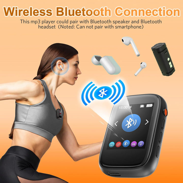 MP3 Player Bluetooth 5.3 mit Clip,Tragbarer Music Player mit Kopfhörer, Lautsprecher, FM-Radio,Sprac