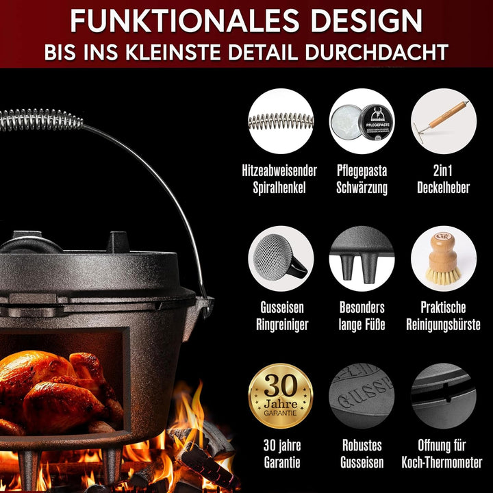 GUSSKÖNIG Dutch Oven Set–Eingebrannter Dutch Oven 7L [3-6 Person]-Feuertopf Gusseisen mit Füsse–Schm