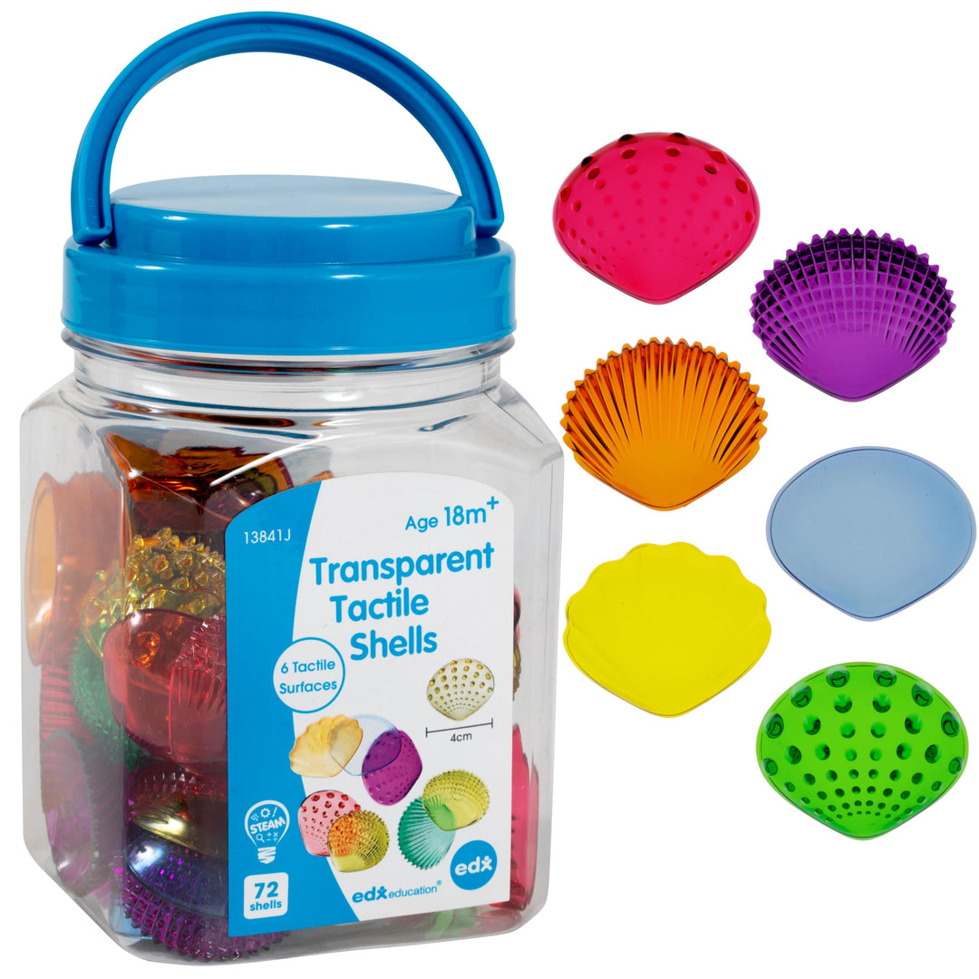 edxeducation Tastmuscheln - Set mit 72 Stück - Lichtdurchlässig - 6 Strukturen und Farben - Alter ab