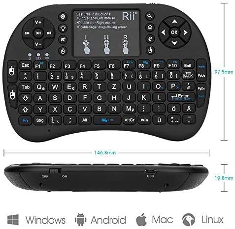 Rii Mini i8+ Wireless (QWERTZ) - Mini Beleuchtete Tastatur mit Multi-Touch Maus-Pad für Smart TV, Mi
