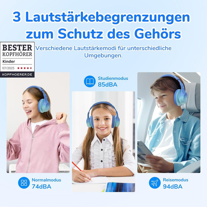 EarFun Bluetooth Kopfhörer Kinder, 5 LED Beleuchtungsmodi, und AUX Kabel | 74/85/94 dBA Lautstärkebe