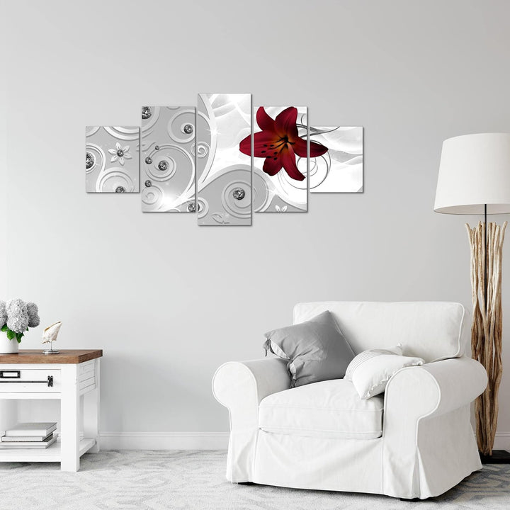 Runa Art Wandbilder Blumen Lilie 5 Teilig Bild auf Vlies Leinwand Deko Wohnzimmer Ornament Silber Ro