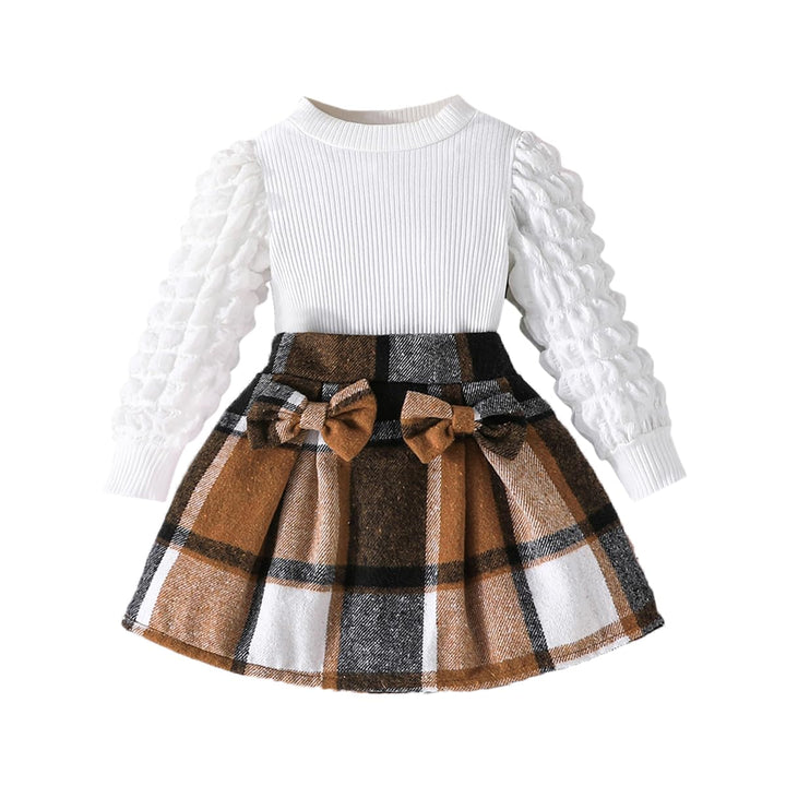 Kleinkind Mädchen Kleidung Puffärmel Langarm Gerippte Oberteile + Bowknot Plaid Mini Rock 2 Stück He
