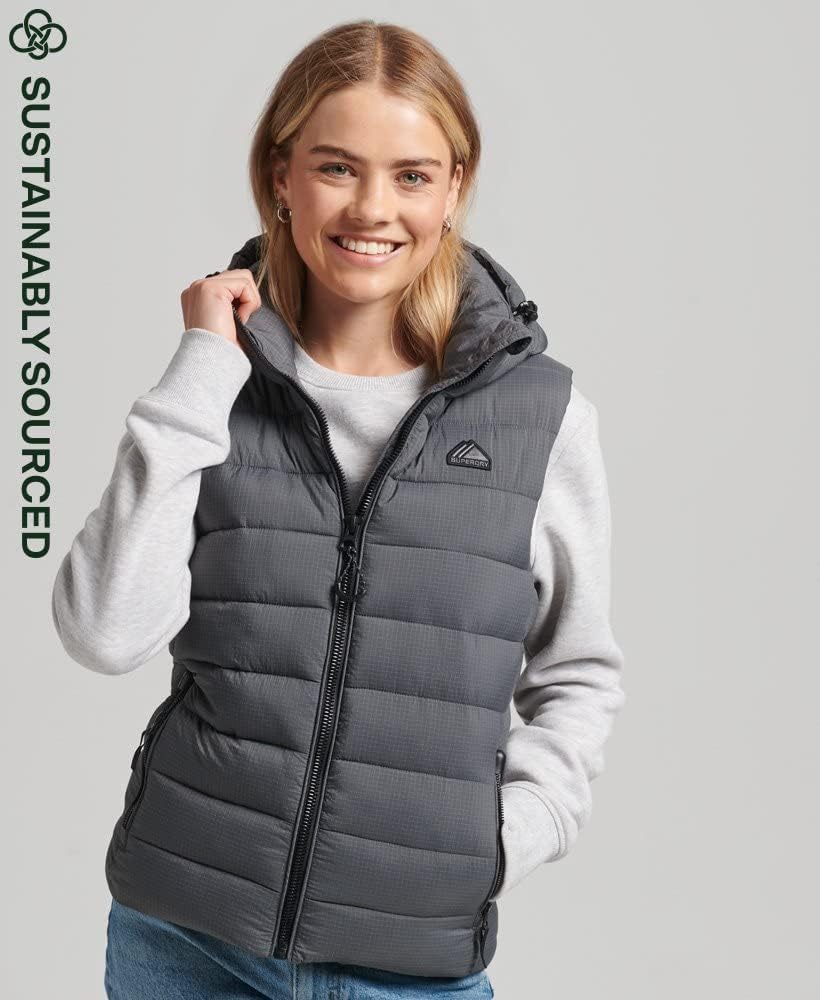 Superdry Damen Klassische Steppweste mit Kapuze XS 6BS/GRID CHARCOAL, XS 6BS/GRID CHARCOAL
