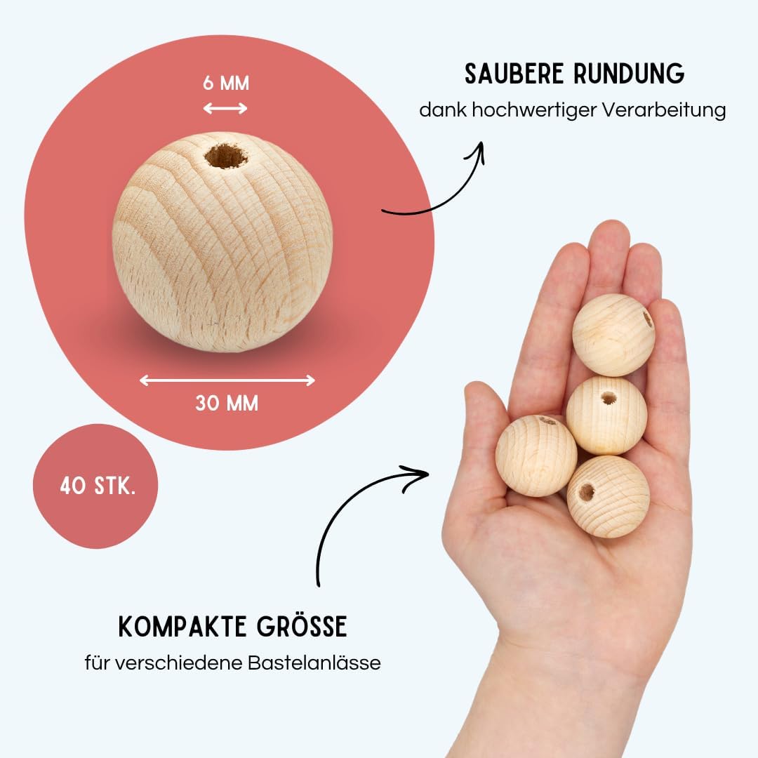 EV® Holzkugeln mit Loch - 40 Stück 30mm Durchmesser - Made in Austria - Grosse Holzperlen mit 6mm Bo