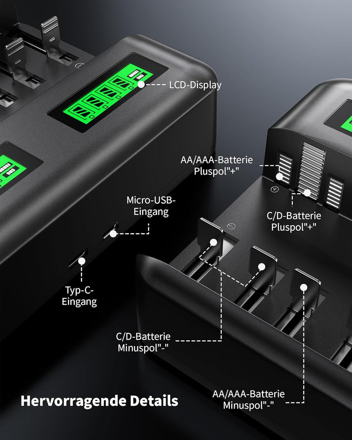 EBL Akku Ladegerät für AA AAA C D NI-MH Akkus Type C Input Schnell Ladegerät, LCD Anzeige Batterienl