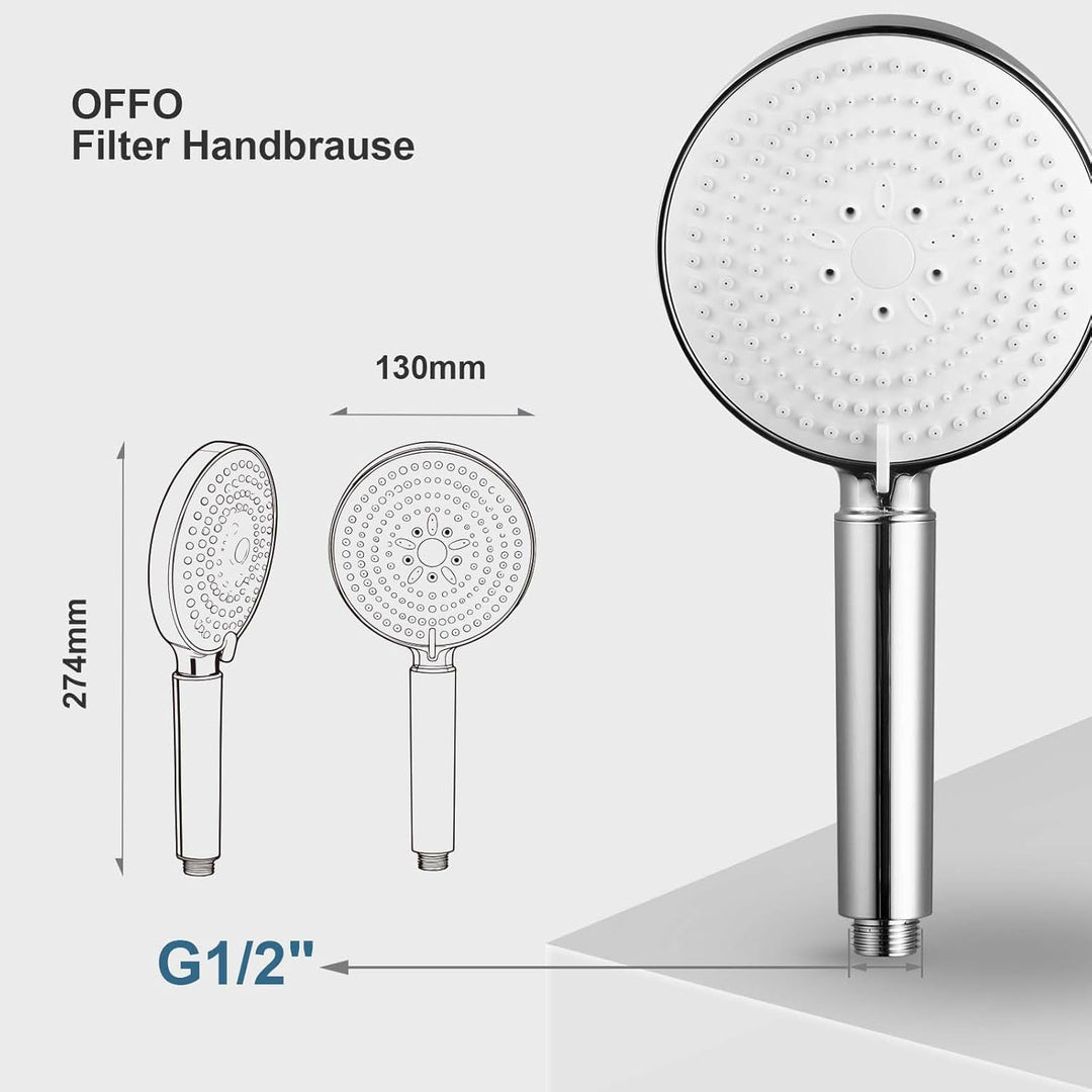 OFFO Duschkopf mit Schlauch 1,6m und Halterung, Handbrause mit Filter 6 Strahlarten, Duschkopf Gross