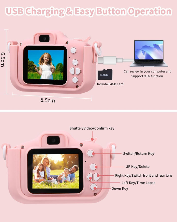 Kinderkamera 1080P Bildschirm Kamera mit 64GB-Karte Selfie Digitalkamera für 3-12 Jahre Jungen &amp; Mäd