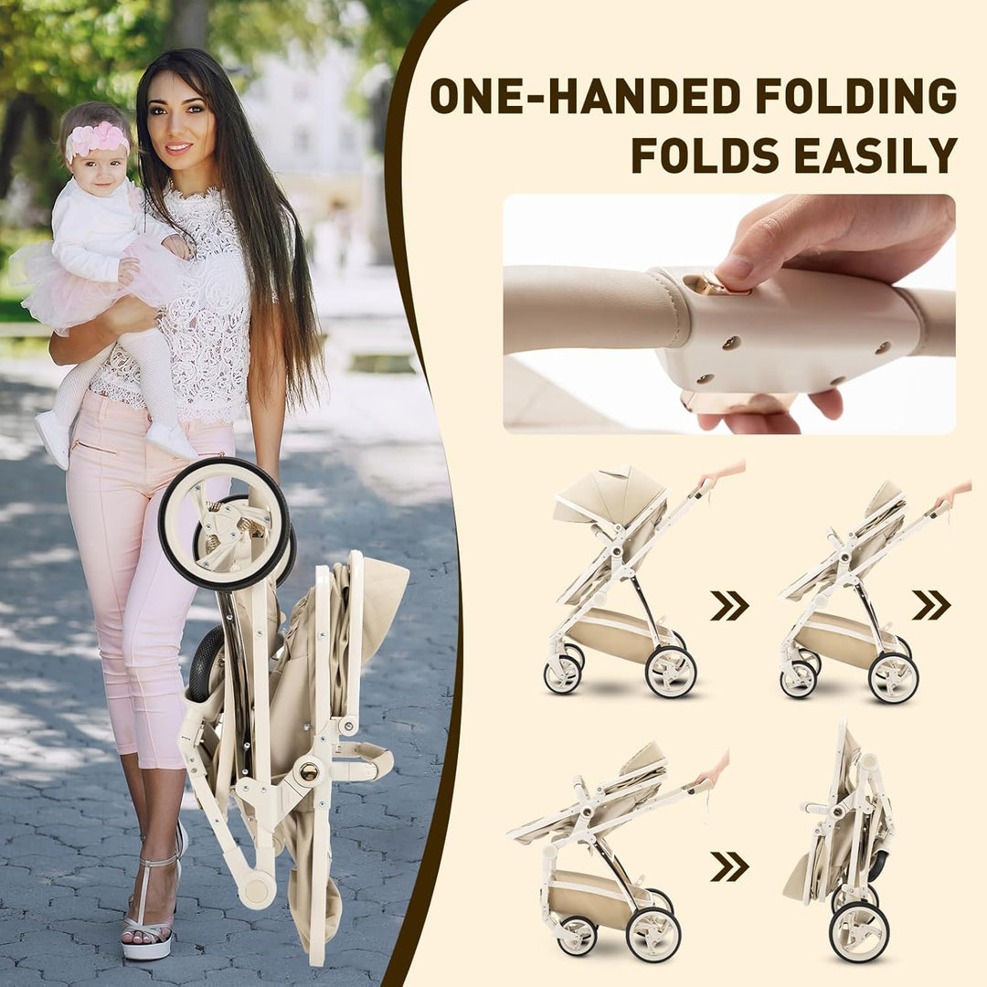 Gcarebb PU Leder 3 in 1 Kinderwagen, Buggy Mit Auto Babyschale, Mit Einem Klick Zusammenklappbarer T