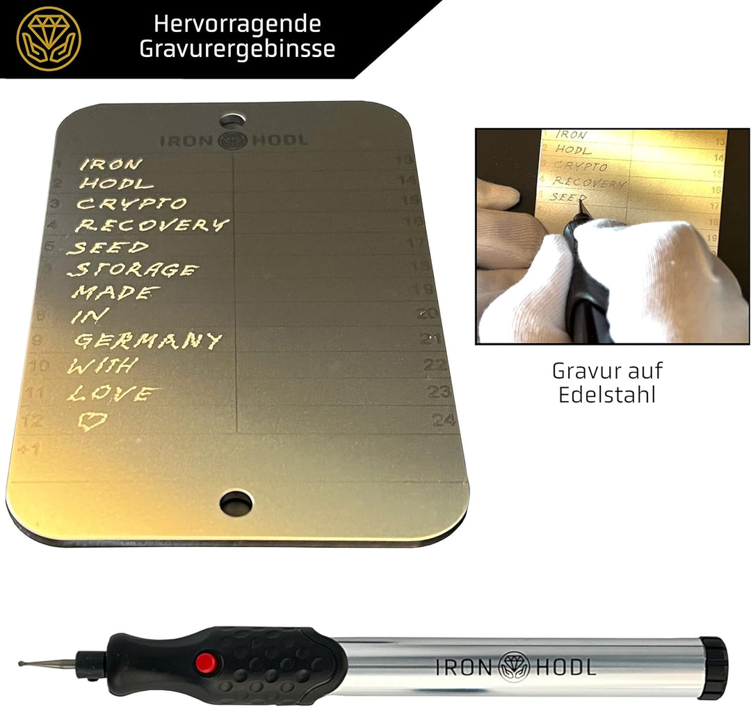 IRON HODL Steel Wallet + Gravierstift silber + Testplatte, Schrauben, Sticker, Box - (2x 24+1) Recov