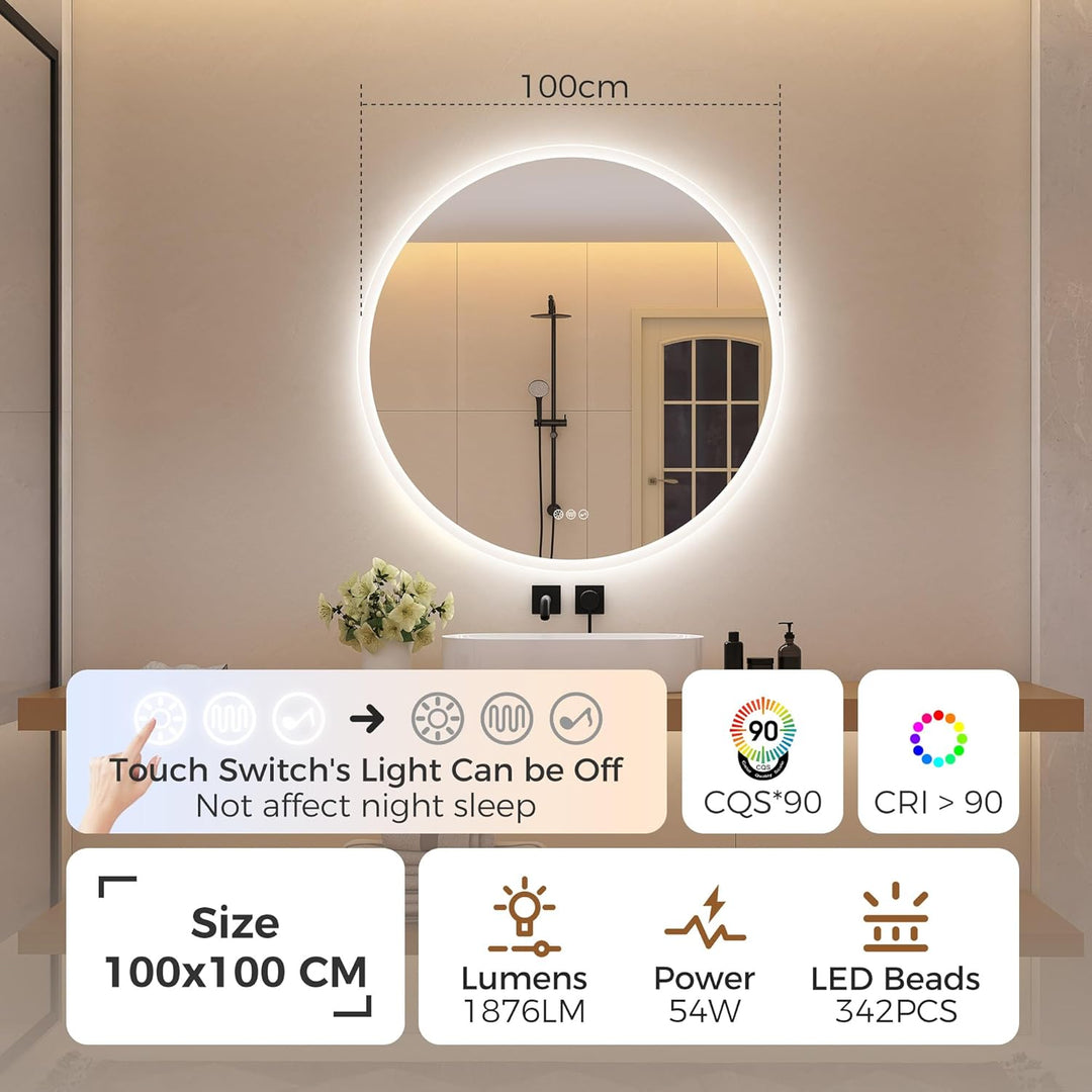 STARLEAD 100cm Runder-Badspiegel-mit-Beleuchtung und Bluetooth, Badezimmerspiegel Rund mit Beleuchtu