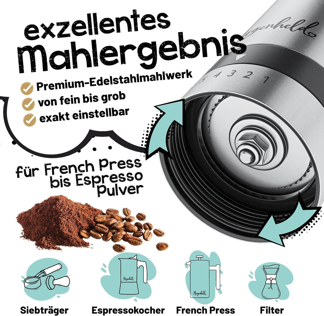 Kaffeemühle manuell aus Edelstahl 2 Glas Behälter – 6 Mahlgrade (Espresso bis Cold Brew) – Handkaffe