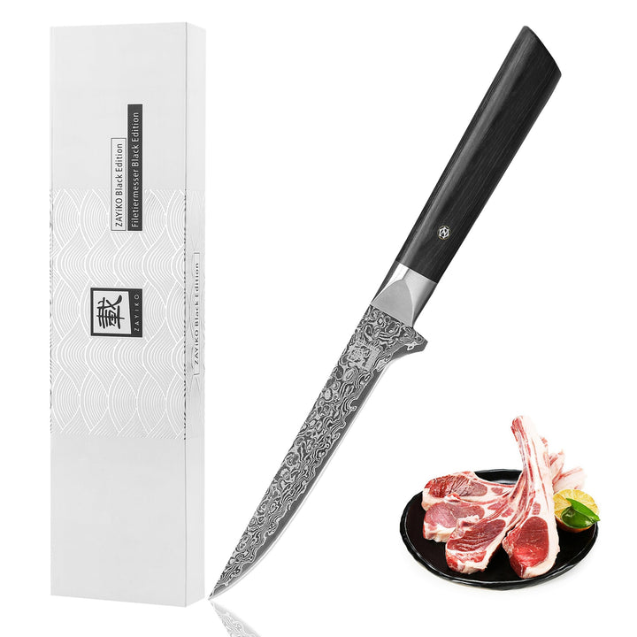 zayiko Black Edition Damastmesser Ausbeinmesser | Scharfe 14 cm Klinge aus 67 Lagen edlem dunklen Da