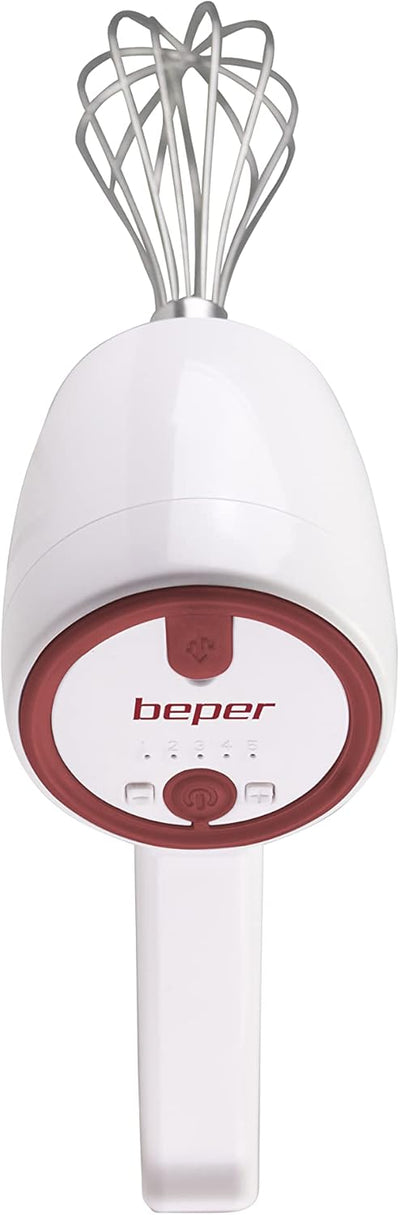 BEPER P102SBA007 Kabellose wiederaufladbare Handmixer,20W,2 Edelstahl-Schwingbesen, 5 Geschwindigkei