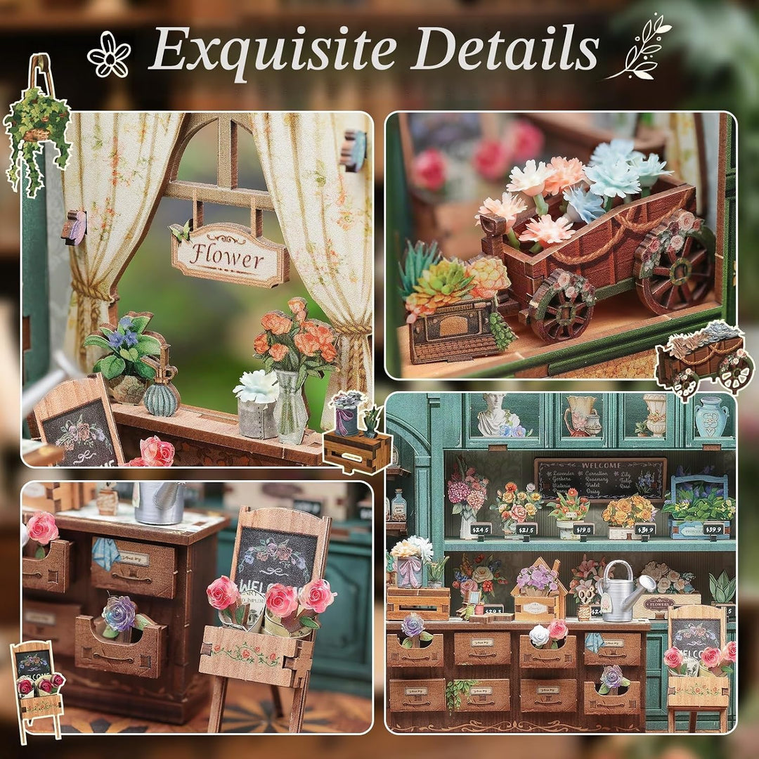 3D-Holz-Miniaturhaus mit LED – dekoratives Bücherregal-Deko, Selbstbau-Puzzle für Erwachsene, kreati