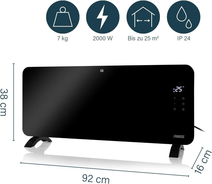 Princess Smarte Konvektor Heizung – 2000 W – Steuerbar über kostenlose App – Glaspaneel – wandmontie
