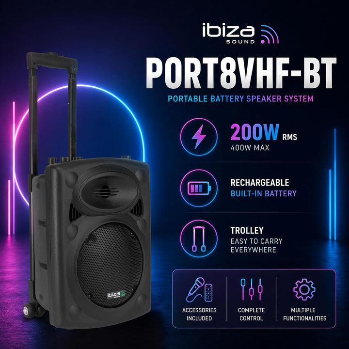 PORT8VHF-BT - Ibiza - Mobile BESCHALLUNGSANLAGE 8”/20CM MIT USB-MP3, BT, Rec, VOX, 1 VHF & 1, 8” VHF