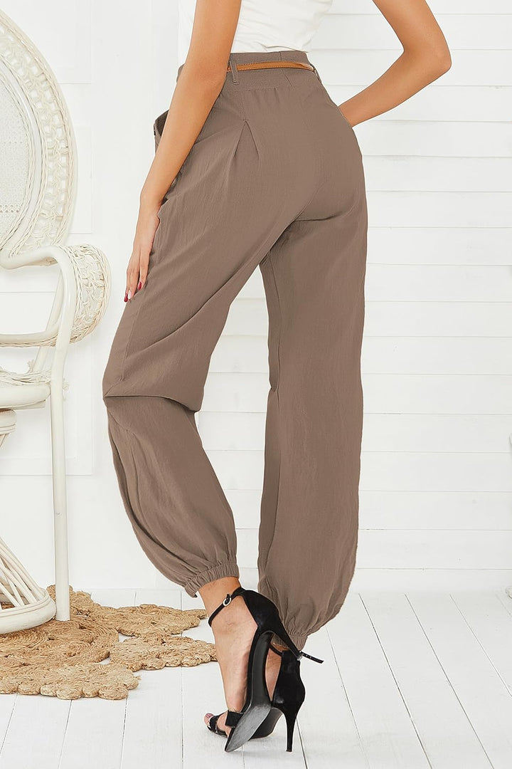 Cindeyar Damen Haremshose Elegant Pumphose Lange Leinen Hose mit Gürtel Aladin Pants M Khaki, M Khak