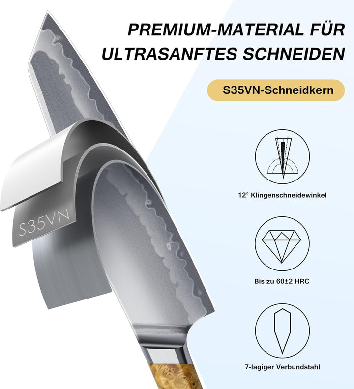 FINTISO Kochmesser, 20CM Japanisches Küchenmesser Aus S35VN Pulverstahl Mit 7-Lagigem Verbundstahl,