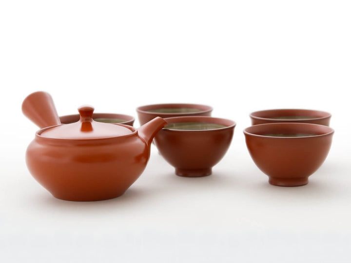 Original japanische Teekanne, Kyusu, mit 5 Becher: Shu Hiramaru. Integriertes Tee-Sieb aus Edelstahl