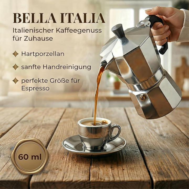 6x Espressotassen | Silber Chrome | Italian Style | dickwandig &amp; schwer | Espresso 6er Set mit Unter