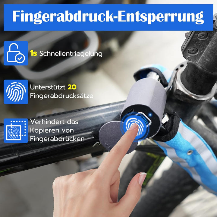 Anweller Fahrradschloss Fingerabdruck, Hohe Sicherheit Anti-Diebstahl Fahrrad Kettenschloss mit APP,