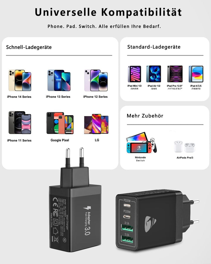 2-Pack USB C Ladegerät, 4-Port Adapter Mehrfach mit USB-C und USB-A, 40W Schnellladegerät PD 3.0 Cha