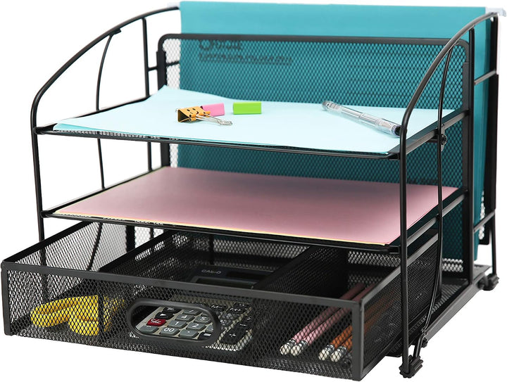 EXERZ Tisch-Organizer Aus Metalldraht Bürobedarf 3 Tabletts/Desktop-Aktenhalter Mit Schiebeschublade