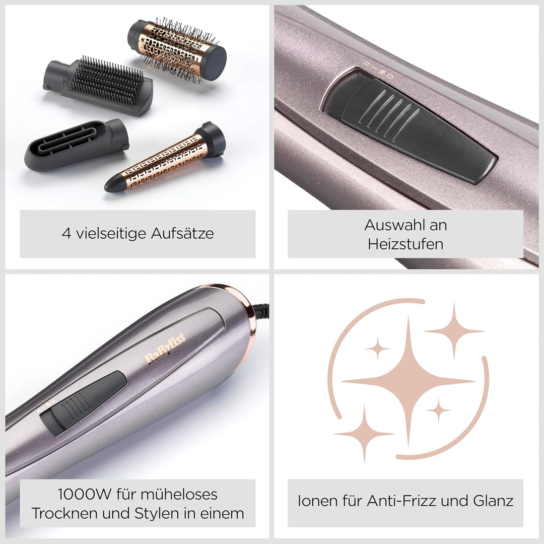 BaByliss Air Style 1000 Warmluftbürste mit 4 Aufsätzen zum Trocknen, Locken, Glätten und für Volumen