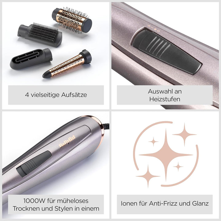 BaByliss Air Style 1000 Warmluftbürste mit 4 Aufsätzen zum Trocknen, Locken, Glätten und für Volumen