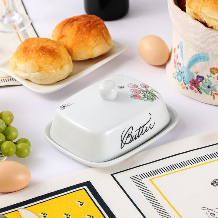 Butterdose mit Griff für 250g Butter, Hochwertige Keramik, Weiss mit Blumen Bienen Muster, Porzellan