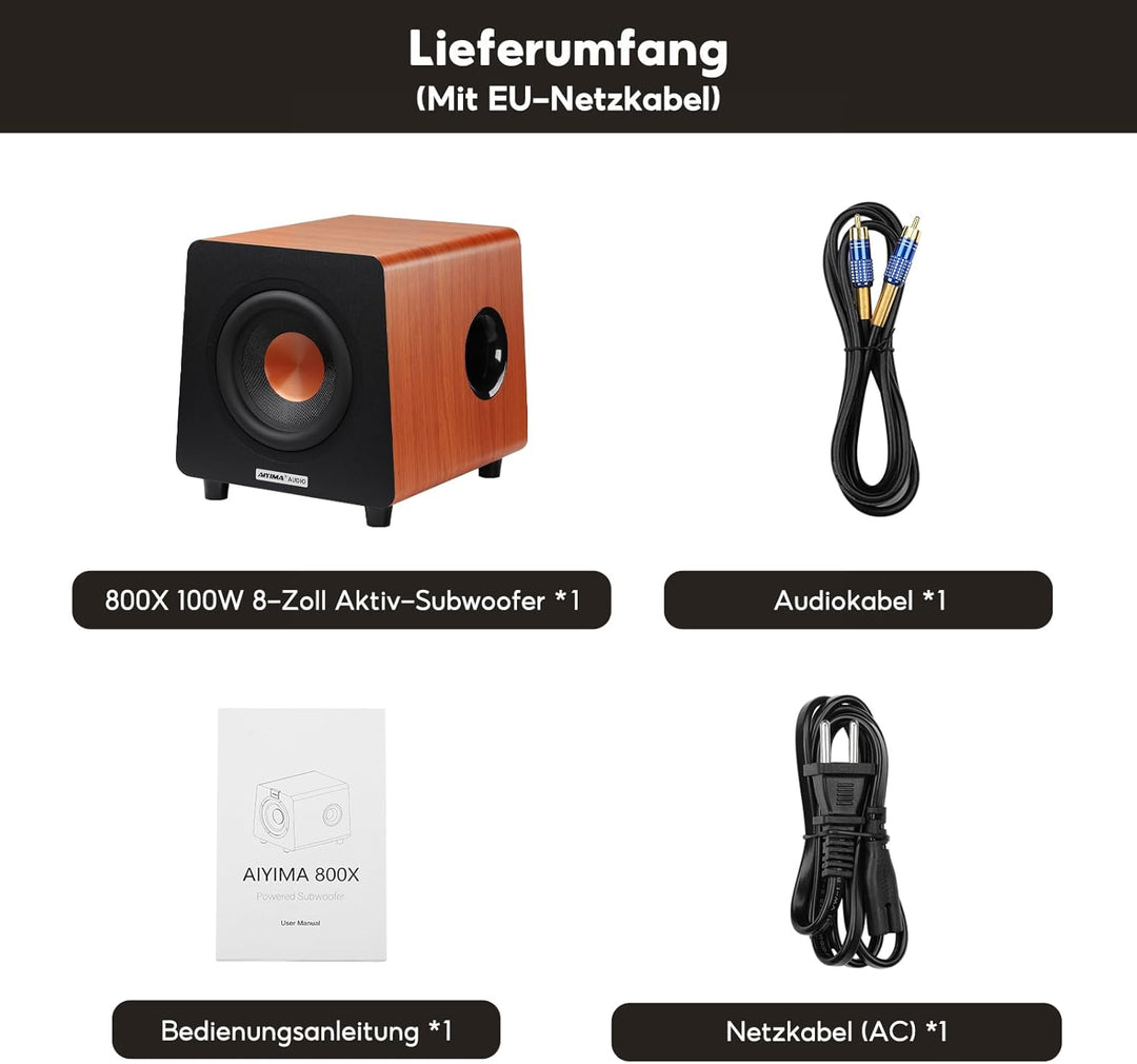AIYIMA 800X Subwoofer Aktiv 8 Zoll, 100Watt Sub Woofer mit RCA AUX LFE Eingänge, Integrierter Verstä