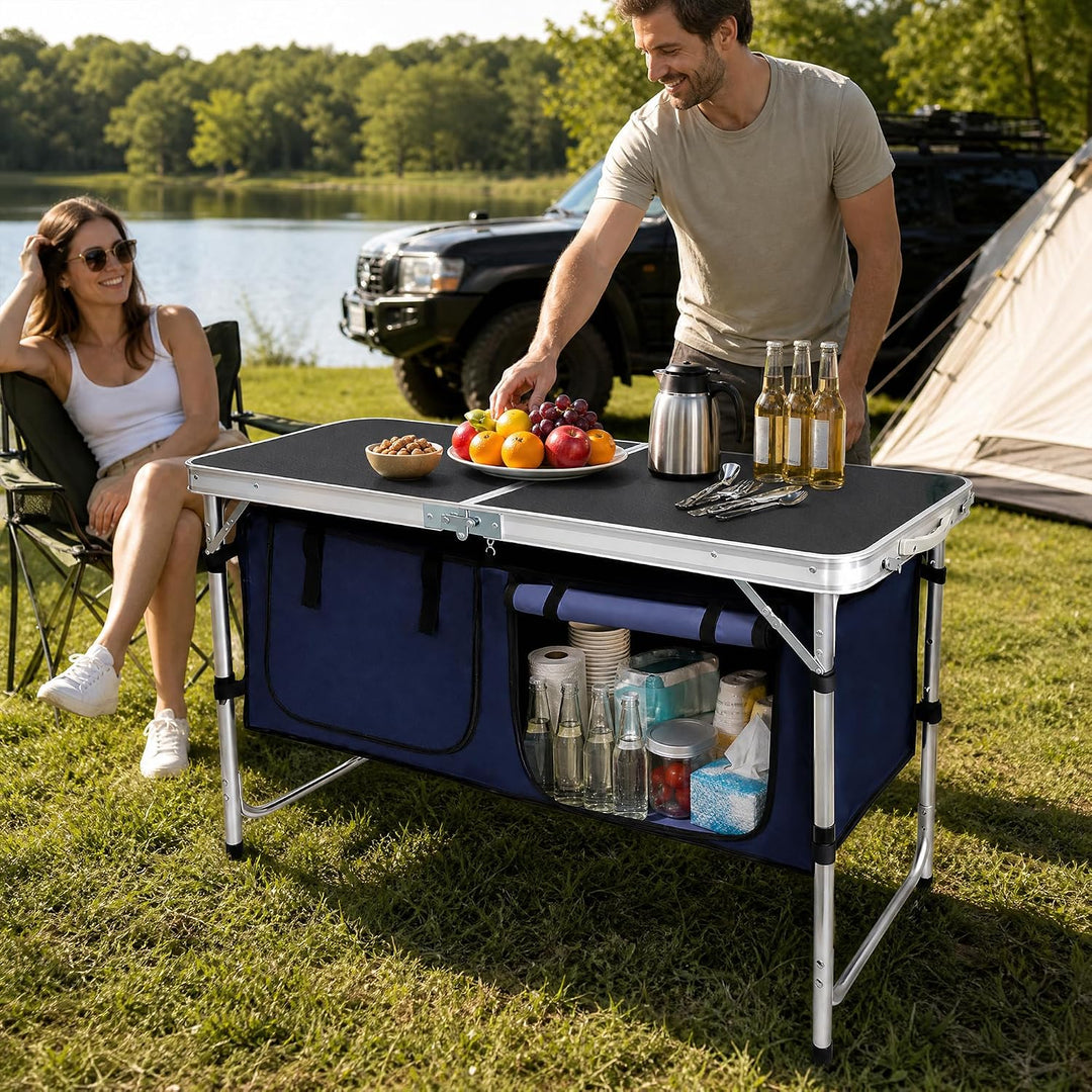 Campingküche faltbar, Leicht Campingschrank mit Aluminiumgestell, Campingtisch Klappbar mit Staufach