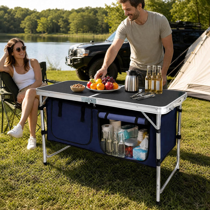 Campingküche faltbar, Leicht Campingschrank mit Aluminiumgestell, Campingtisch Klappbar mit Staufach