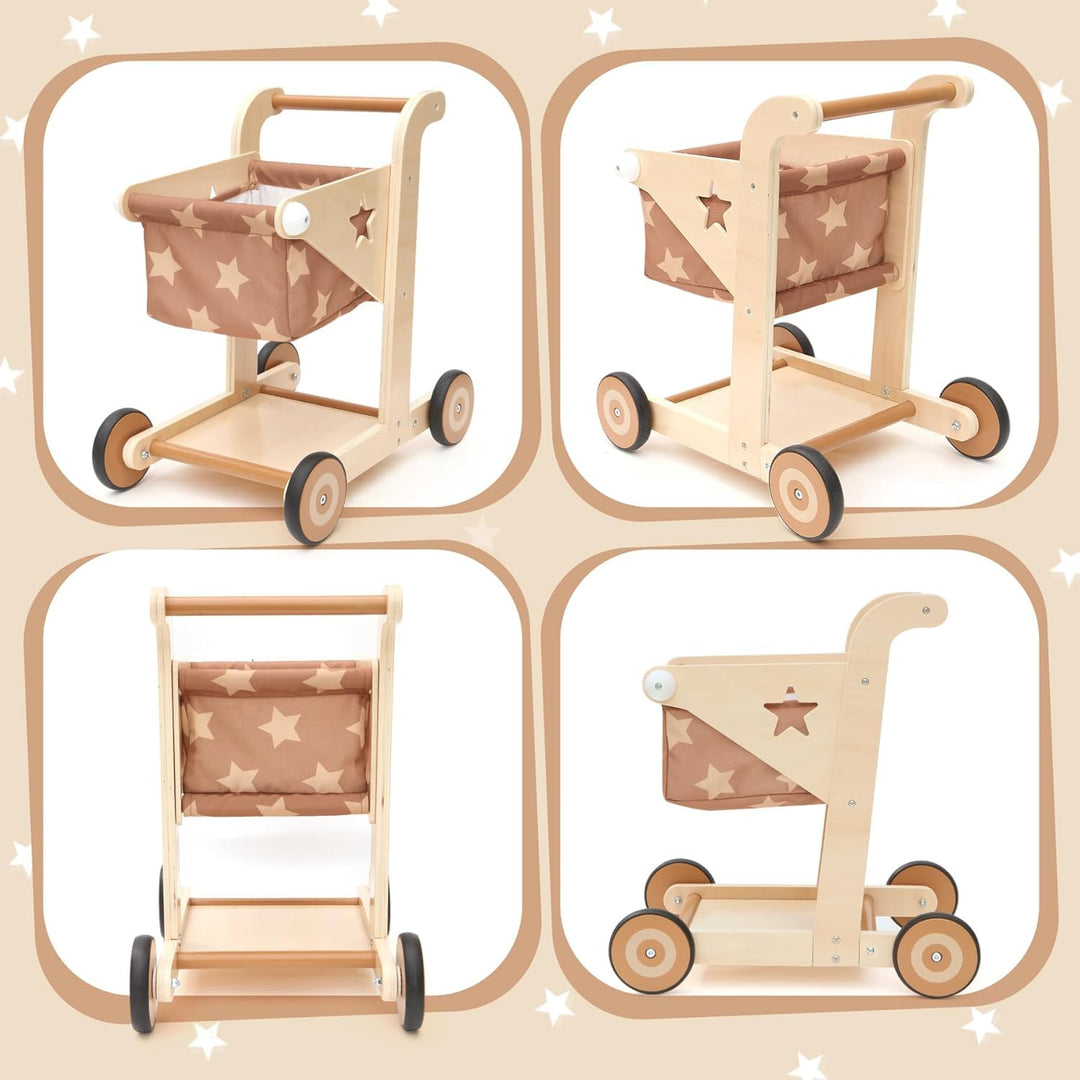 Asweets 2-in-1 Lauflernwagen Holz, Puppenwagen zum Schieben und Ziehen, Baby Walker, Kleinkindspielz