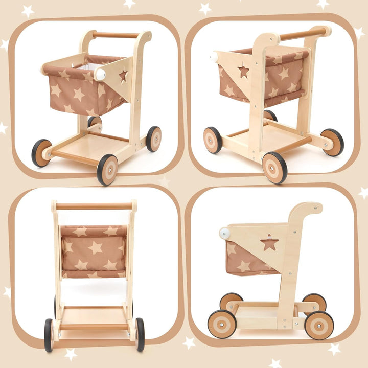 Asweets 2-in-1 Lauflernwagen Holz, Puppenwagen zum Schieben und Ziehen, Baby Walker, Kleinkindspielz