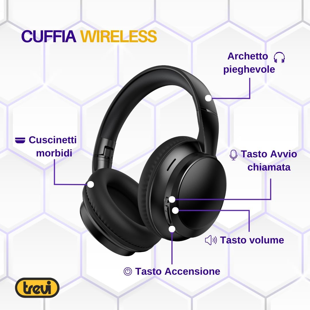 Trevi DJ 12E35 BT Kabellose Over-Ear-Kopfhörer, HiFi-Stereo-Kopfhörer mit Mikrofon, 8 Stunden Spielz