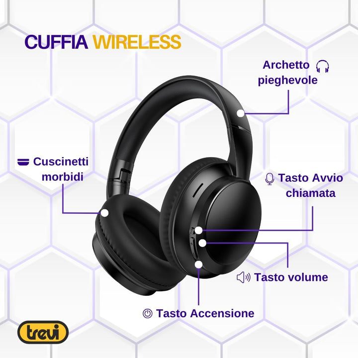Trevi DJ 12E35 BT Kabellose Over-Ear-Kopfhörer, HiFi-Stereo-Kopfhörer mit Mikrofon, 8 Stunden Spielz