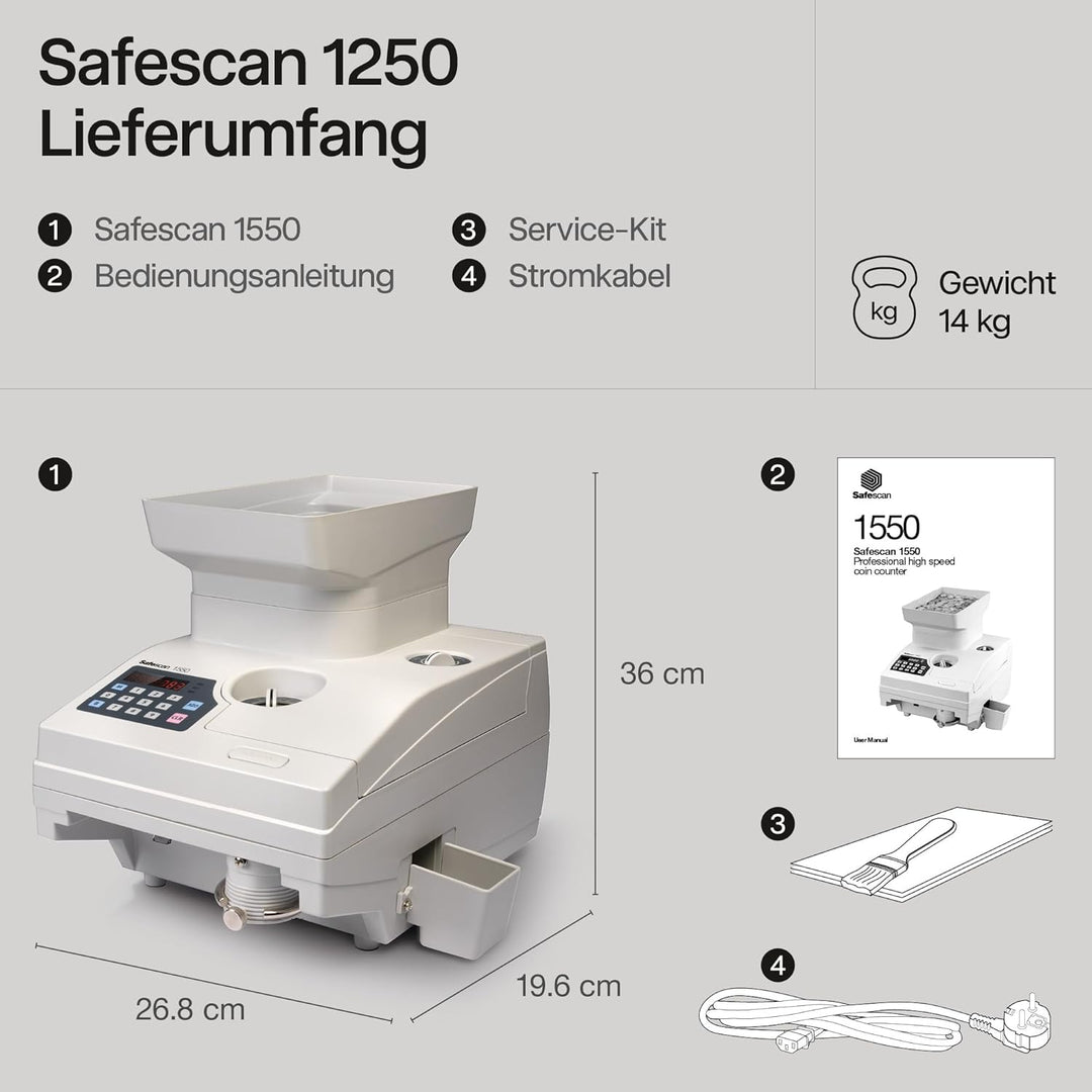 Safescan 1550 HighSpeed Münzzähler zählt schnell sortierte Münzen - Robuste Geldzählmaschine für Mün