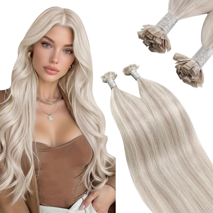 Ugeat Keratin Extensions Echthaar Flat Tip 45cm Keratin Haarverlängerung Echthaar Gesträhnt Aschblon