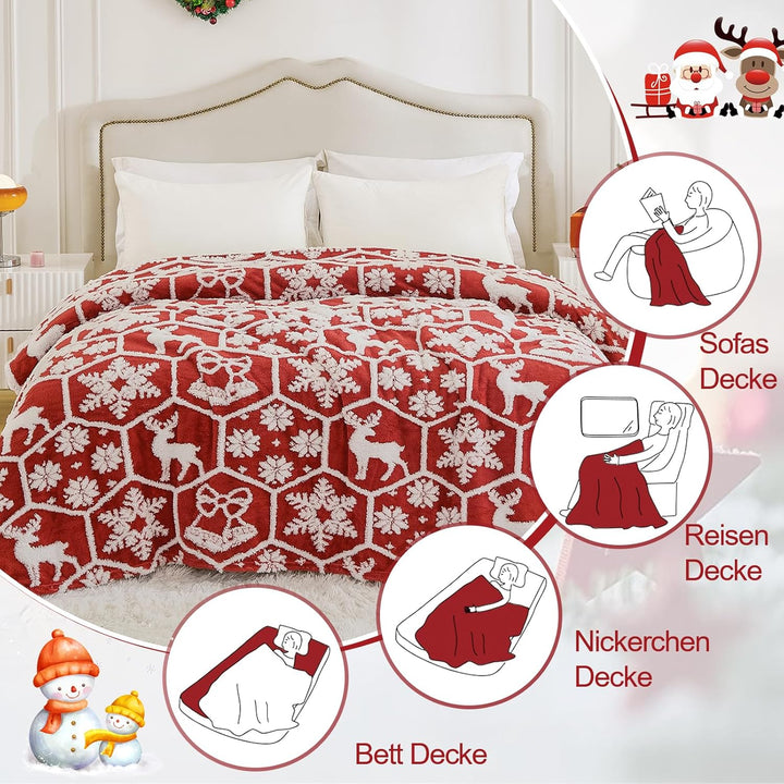 WONGS BEDDING Weihnachtsdecke Kuscheldecke 220x240 cm Flauschig Weihnachts Decke Wohndecke Warme Fle