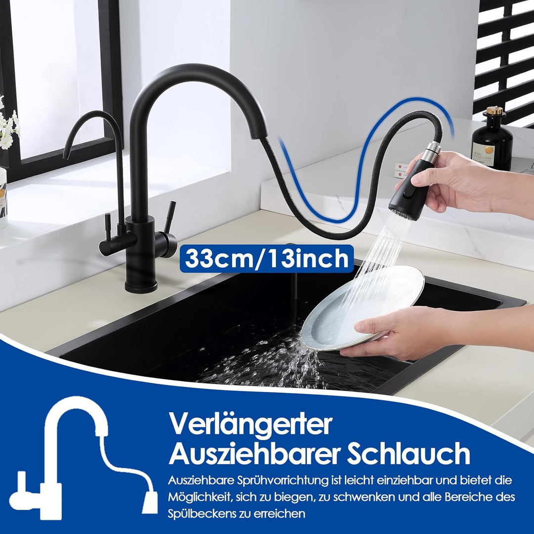 ROVOGO 3 Wege Wasserhahn Küche mit Filter, Küchenarmatur Schwarz Hochdruck mit Brause Ausziehbar, 36