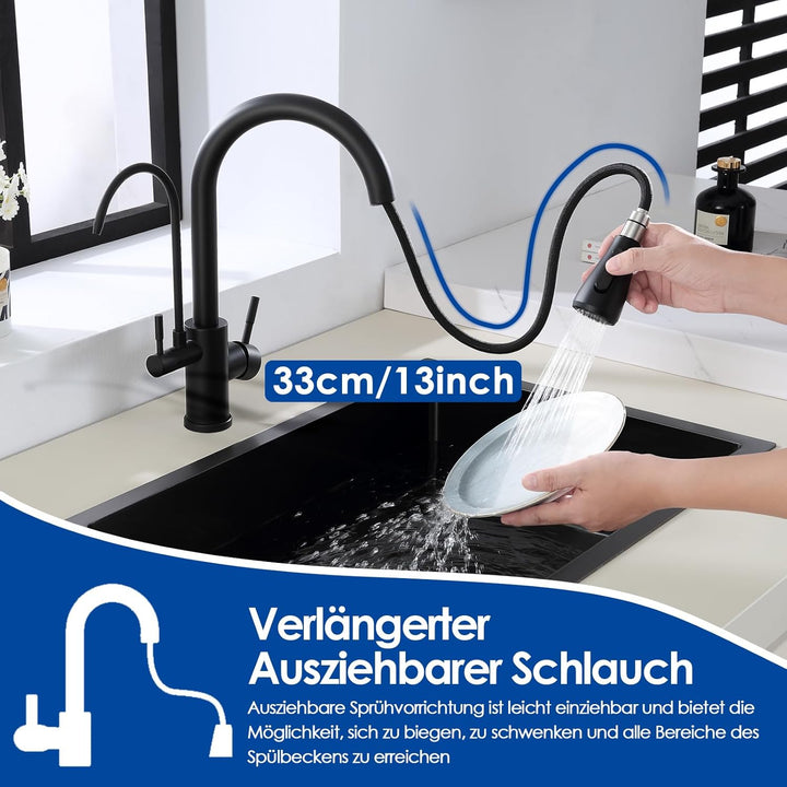 ROVOGO 3 Wege Wasserhahn Küche mit Filter, Küchenarmatur Schwarz Hochdruck mit Brause Ausziehbar, 36